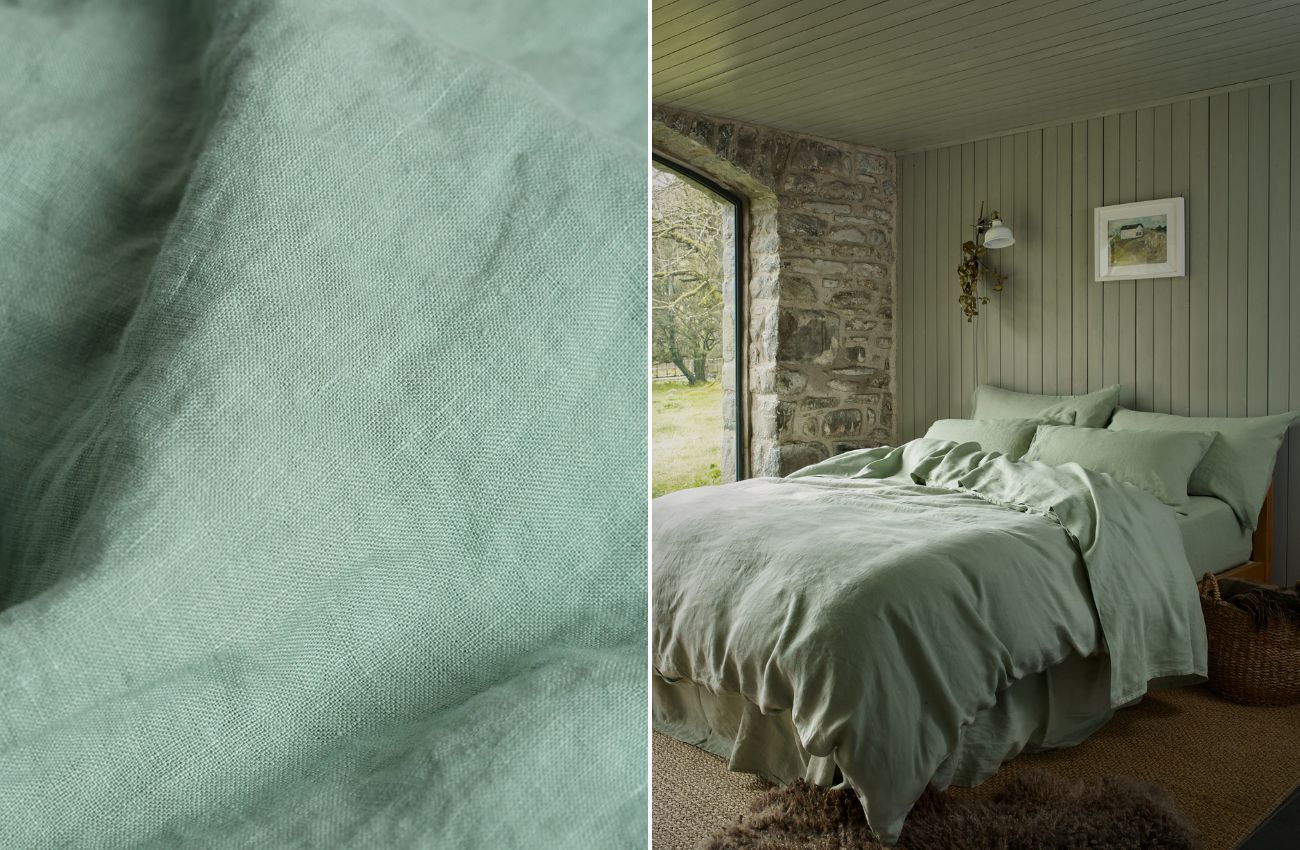 Left: Sage Green Linen Flat Sheet; Right: Sage Green Linen Bundle