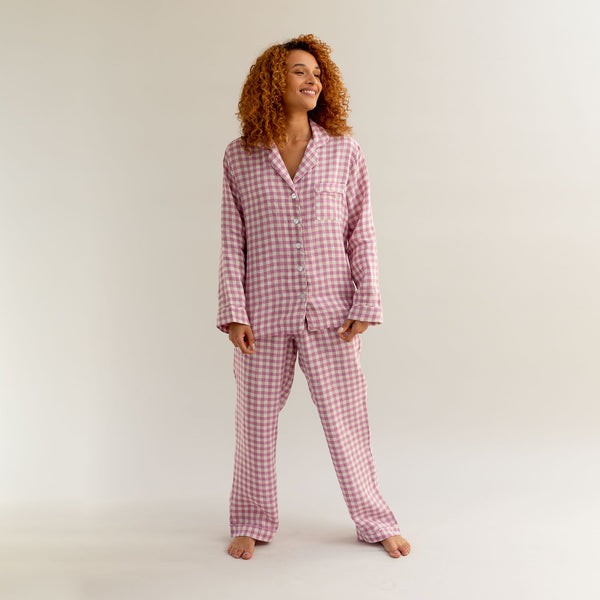 Orchid Gingham Linen Pyjama Trousers - Piglet in Bed
