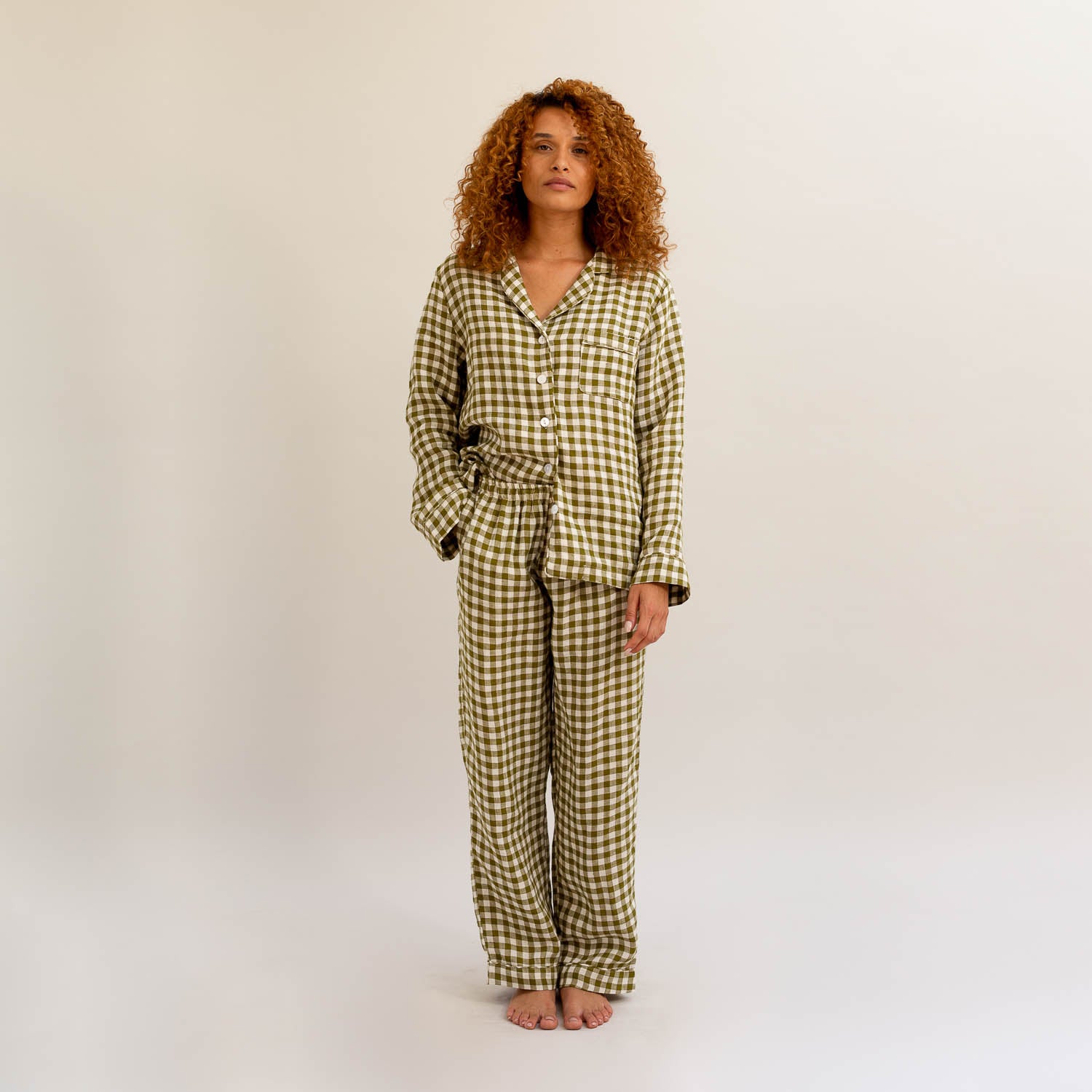 Botanical Green Gingham Linen Pajama Set