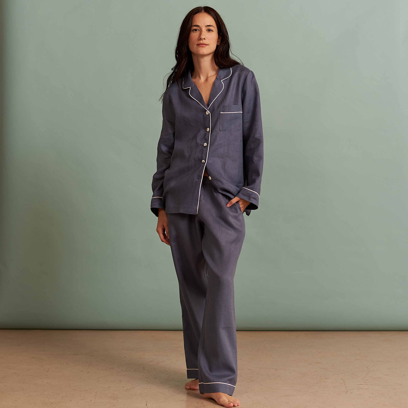 100% European Linen Long Sleeve Pajama Set with Piping