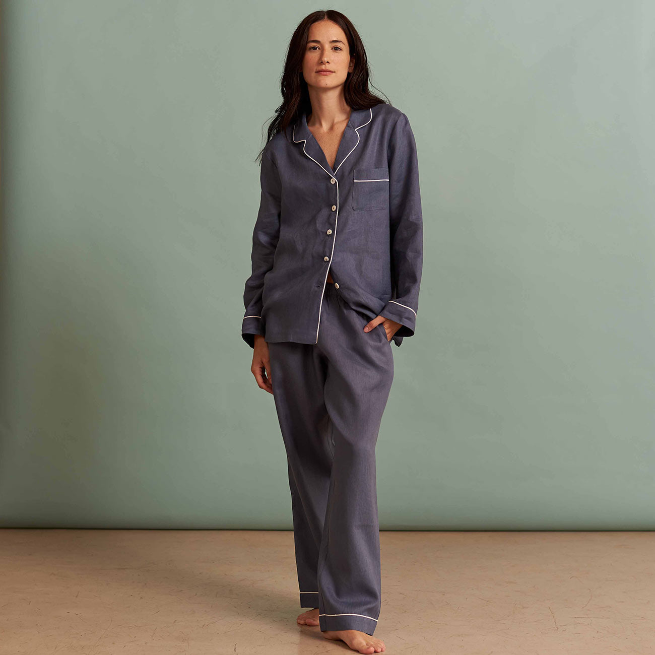 Blueberry Linen Pajama Set Piglet in Bed US