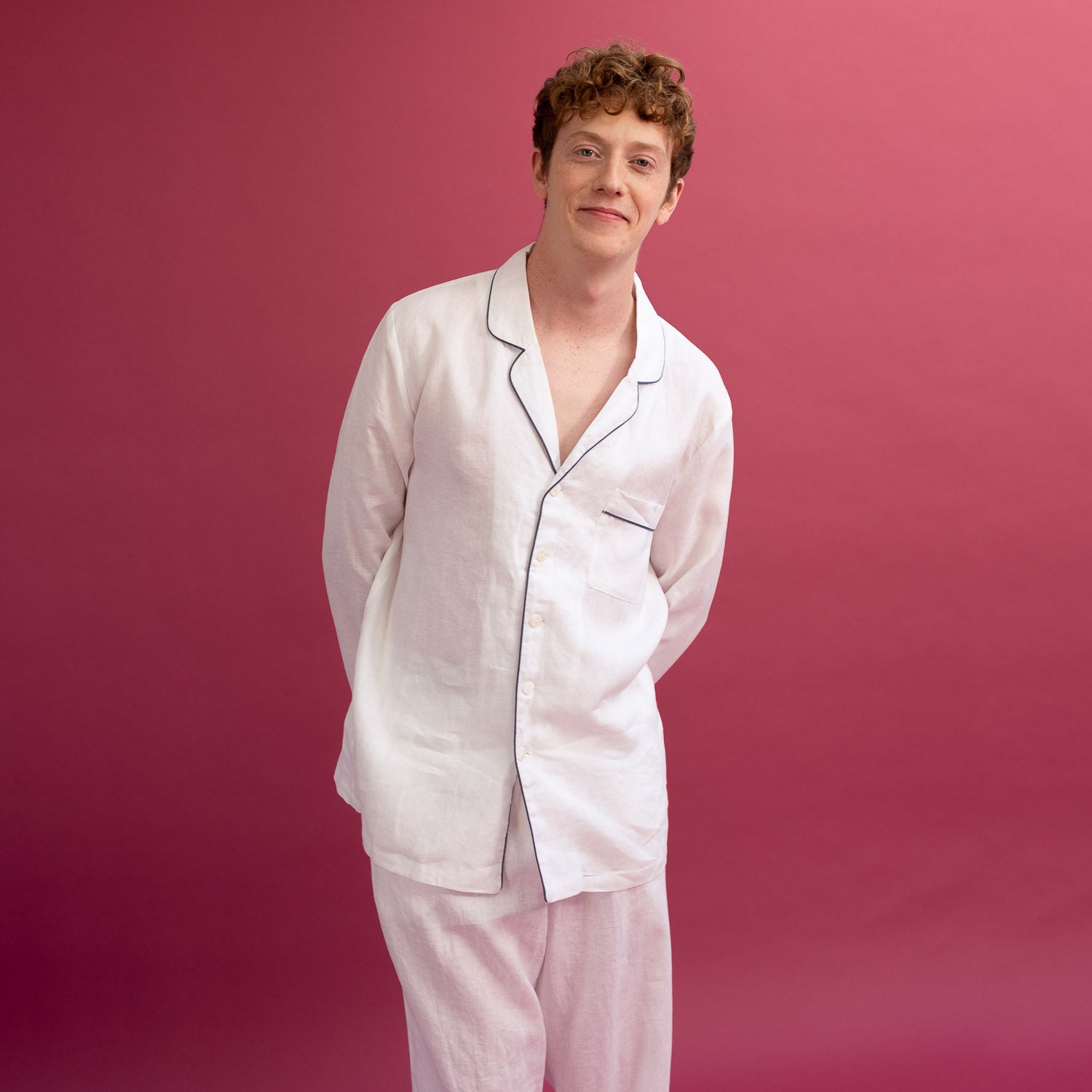 Men's White Linen Pajama Shirt (Top Only) | Piglet in Bed US