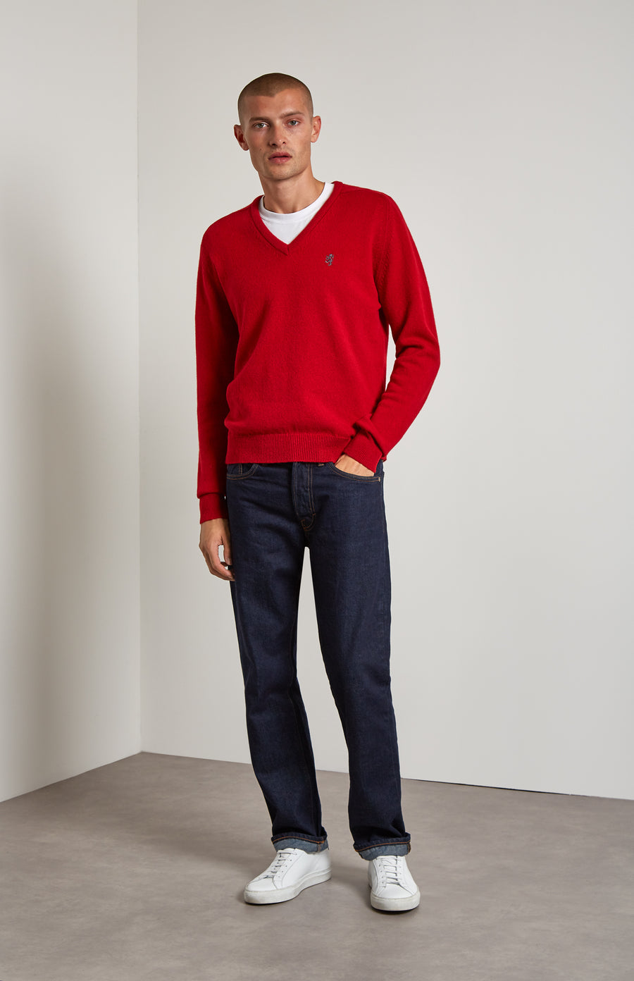 V Neck Lambswool Jumper In Red