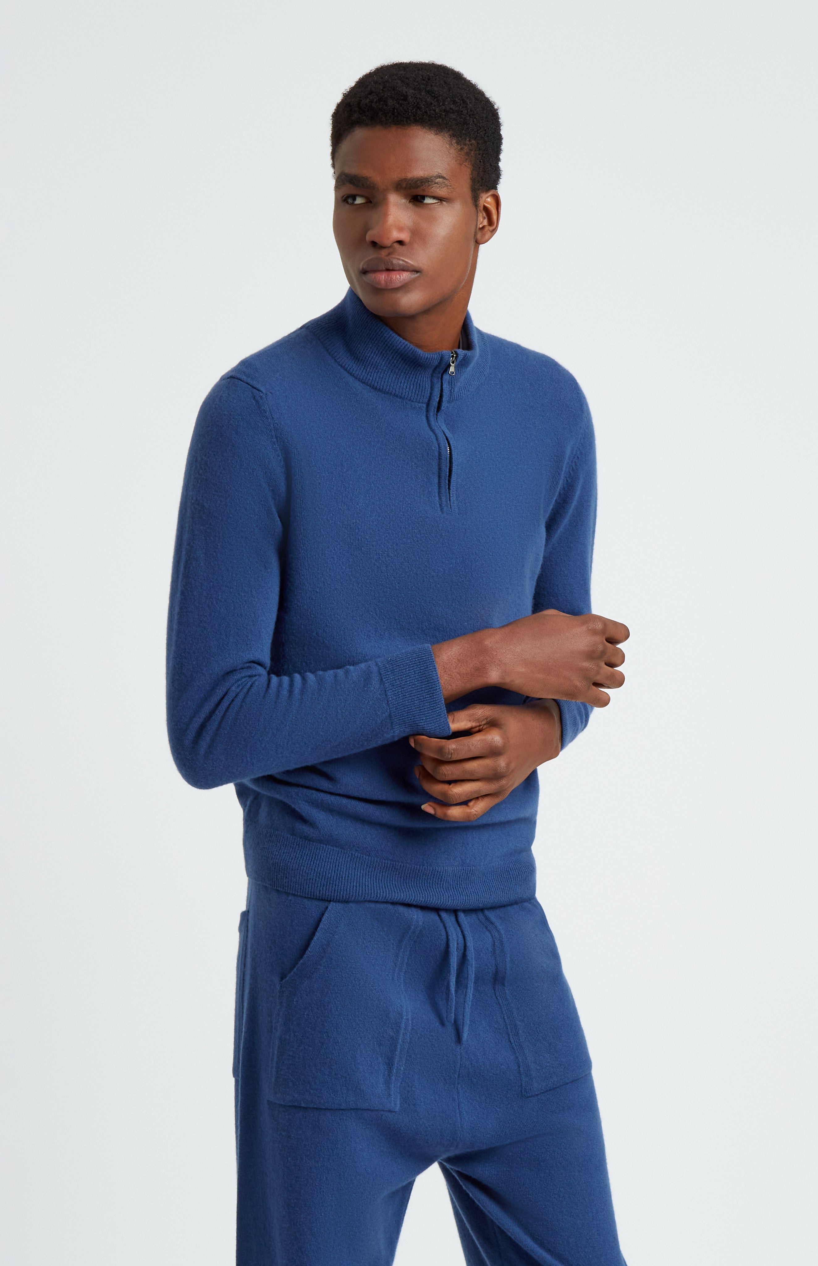 Men's Half Zip Merino Cashmere Blend Jumper In Deep Indigo