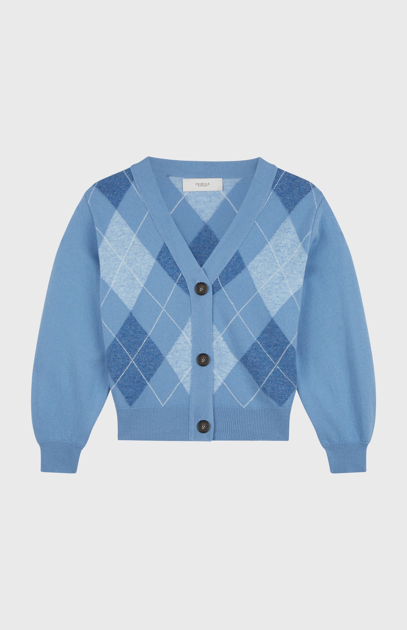 Argyle 3 Button Wool Cashmere Blend Cardigan In Bluestone And Sky