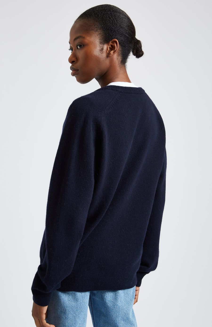 Archive Lambswool Jumper In Navy with Ivory embroidery on female model back - Pringle of Scotland