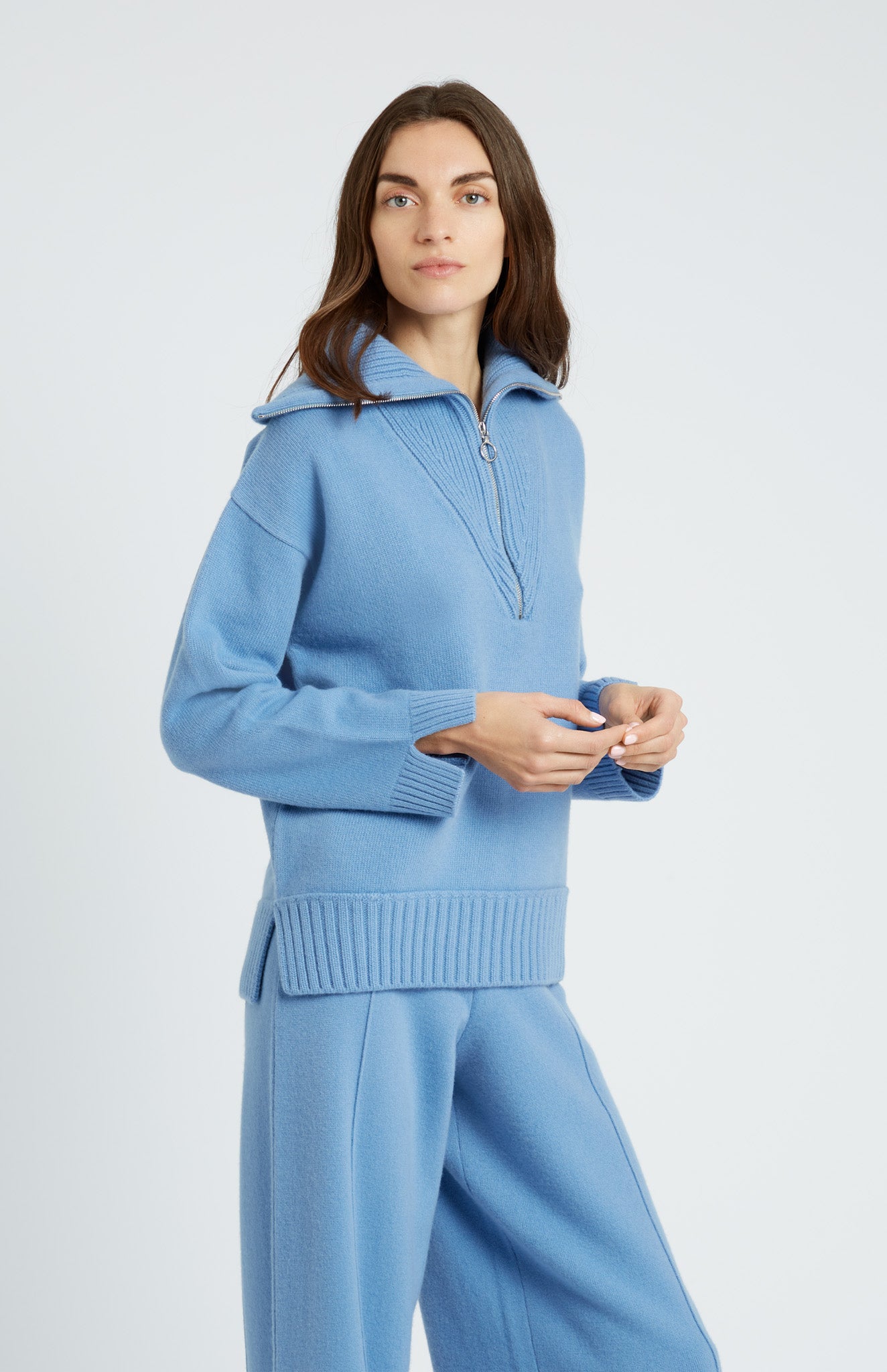 Cashmere Blend Zip Jumper  In Cornflower