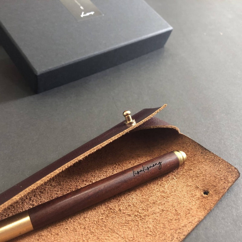 Personalised Leather Pen Holder + Wooden Pen Set Giftr