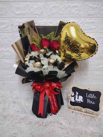 Bouquet of mix chocolate bars +medium bear + HB balloon.. …