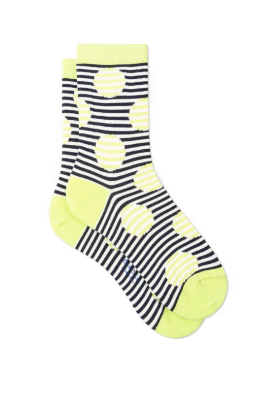 The Charlie Browns - A Yellow Sock with Navy Pin Dots