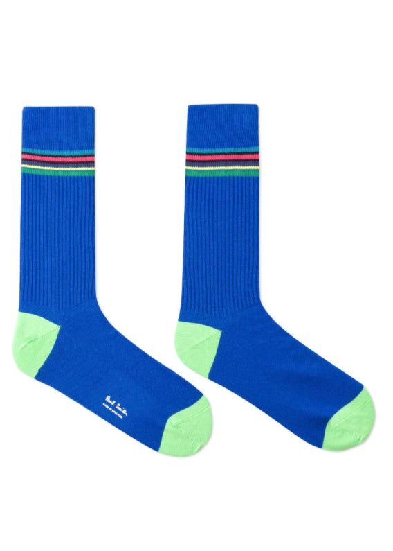 PAUL SMITH Men's 'Cycle Stripe' Trim Cobalt Blue Ribbed Socks - Solespun
