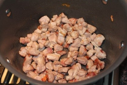 Browning the diced pork for the Southwest Chili.