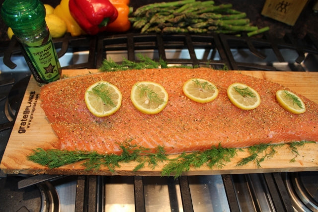 Full side of salmon with Cedar Plank Seafood Seasoning ready for the oven or grill.