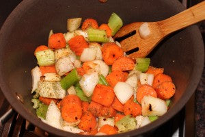 Sautéing the mirepoix with the Chef Seasoning Salt. 