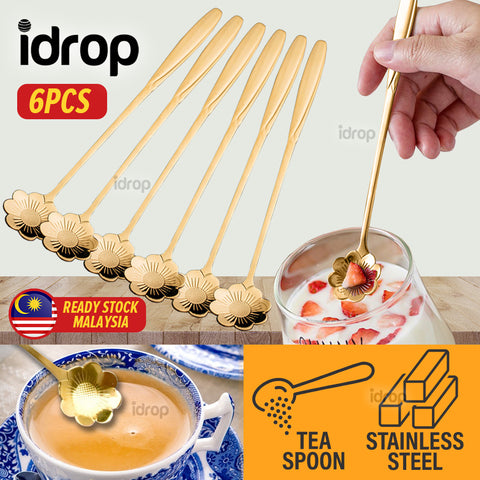 idrop [ 6pcs ] Golden Color Long Handle Floral Teaspoon Sudu Teh Panjang (6P/SET)长柄小茶匙(金色)