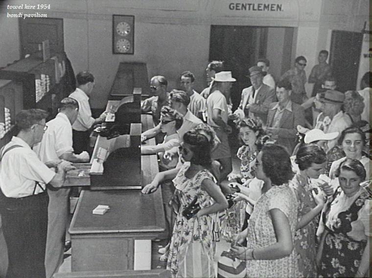 Towels for hire at Bondi Pavillion, 1954