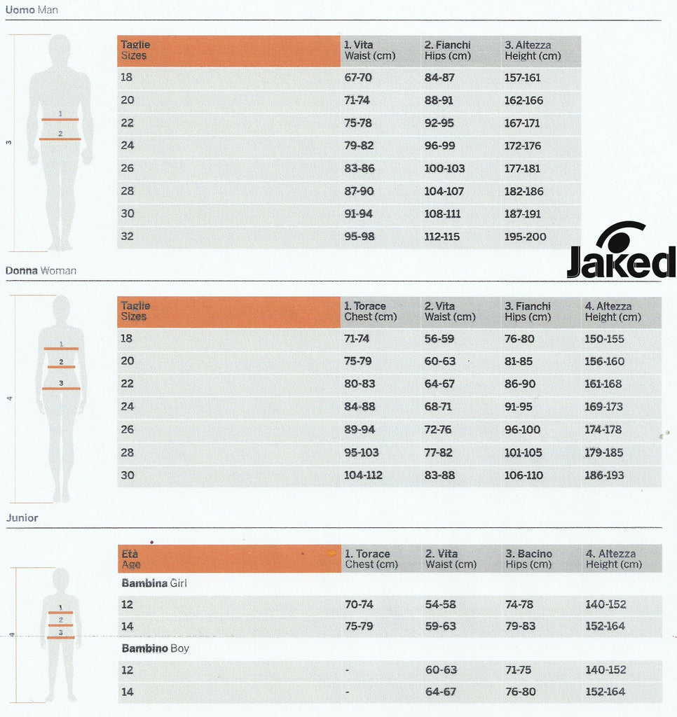 Jaked Complete Size Chart | Swim World