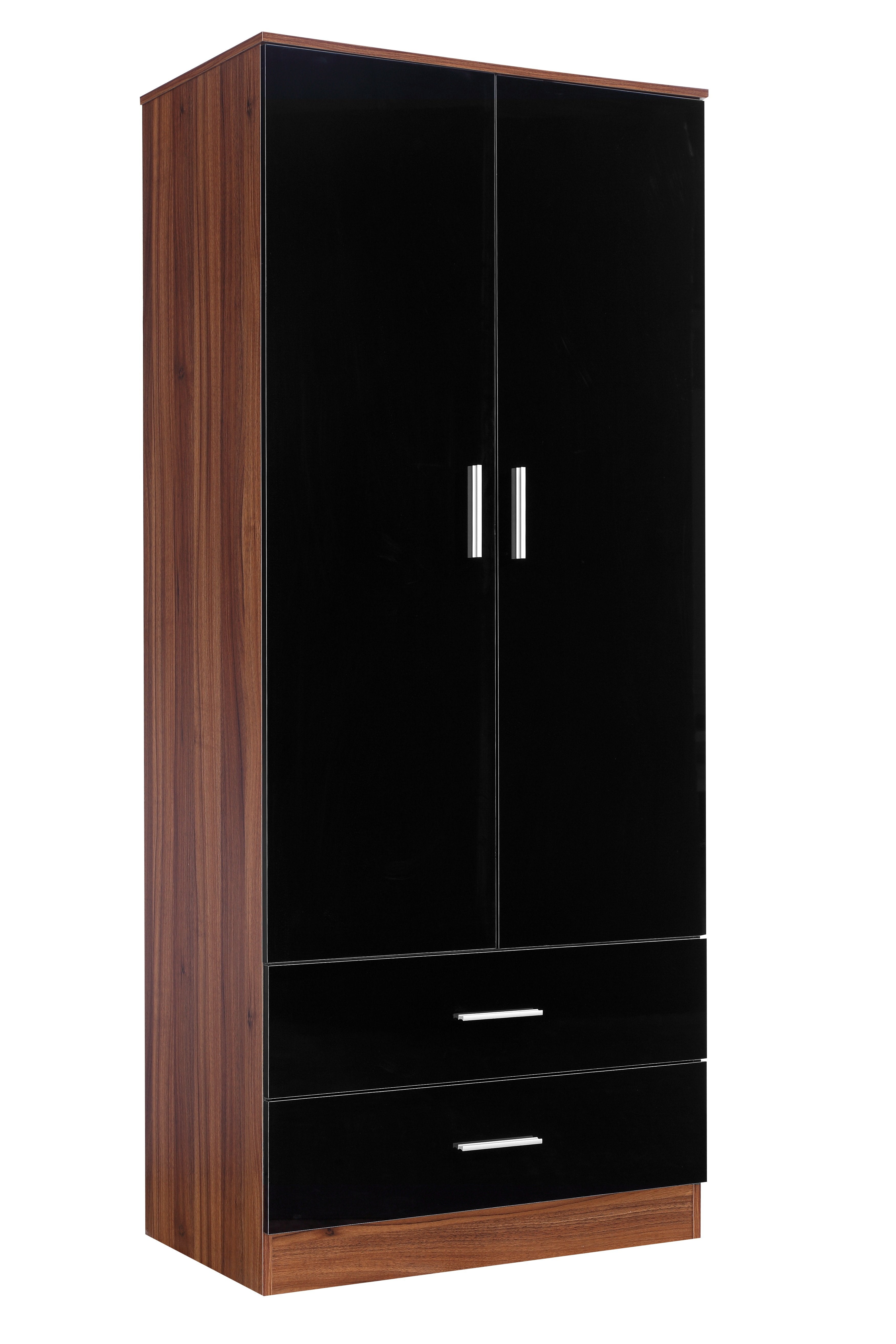 Reflect High Gloss 2 Door 2 Drawer Combination Plain Wardrobe In Black And Walnut