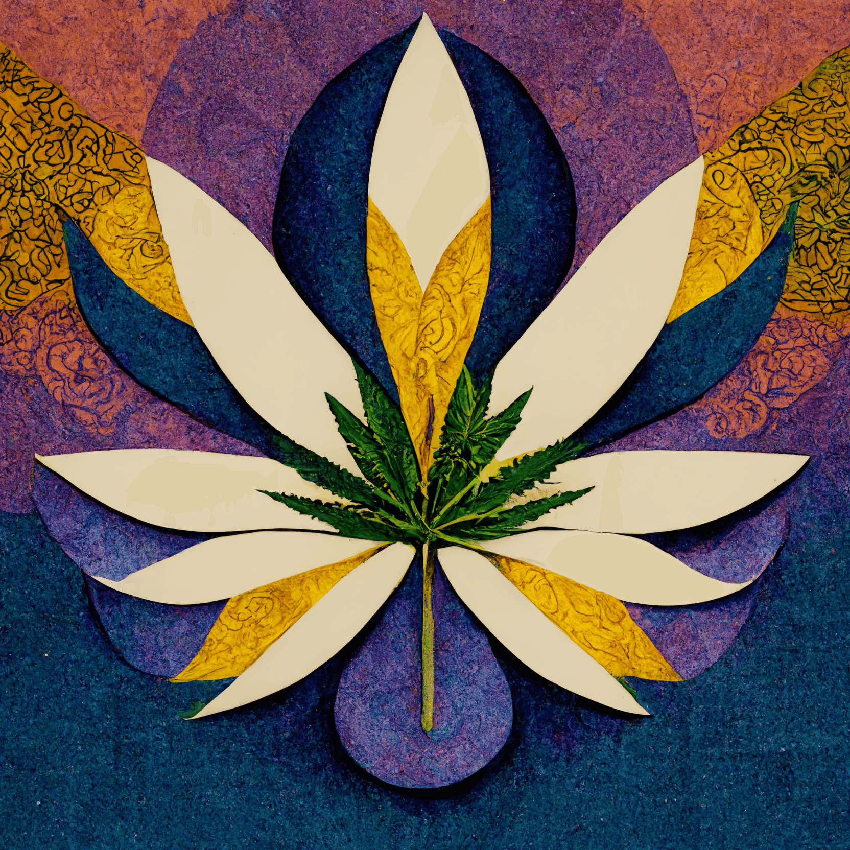 Cannabis Botanical Illustration in the style of Paul Signac - Goldleaf