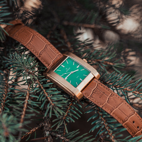 Square watch with green dial and gold case from SÖNER