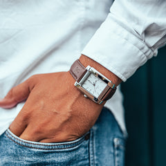 Legacy watch, Chrysler model - square watch in polished steel and white dial