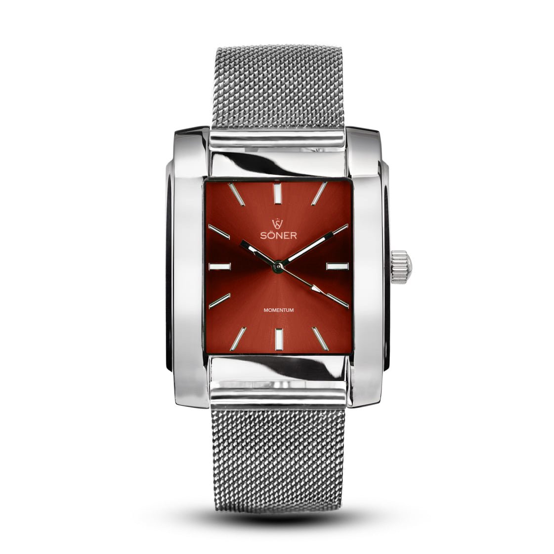 Square watch polished steel red dial steel mesh strap soner Momentum Rhodes