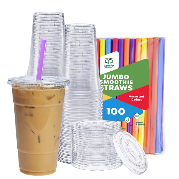 24oz Crystal Clear Plastic Cups with Dome Lids and White Paper Straws (100 Sets)