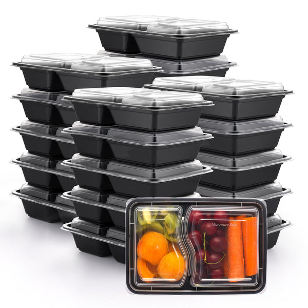 Ez Prepa [20 Pack] 32oz 3 Compartment Meal Prep Containers with Lids -  Bento Box - Plastic - Stackable, Reusable, Microwaveable & Dishwasher Safe