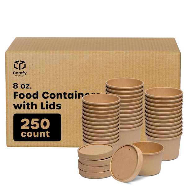 DHG Professional 250 Sets Kraft Paper Food Containers with Vented Lids, to Go Hot Soup Bowls, Disposable Ice Cream Cups - Kraft