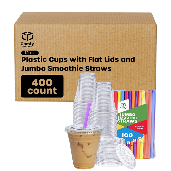 Comfy Package [100 Sets] 16 oz. Clear Plastic Cups With Flat Lids