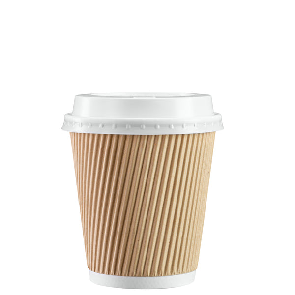 Insulated Ripple Kraft Disposable Paper Coffee Cups White lids from 4 up to  16oz