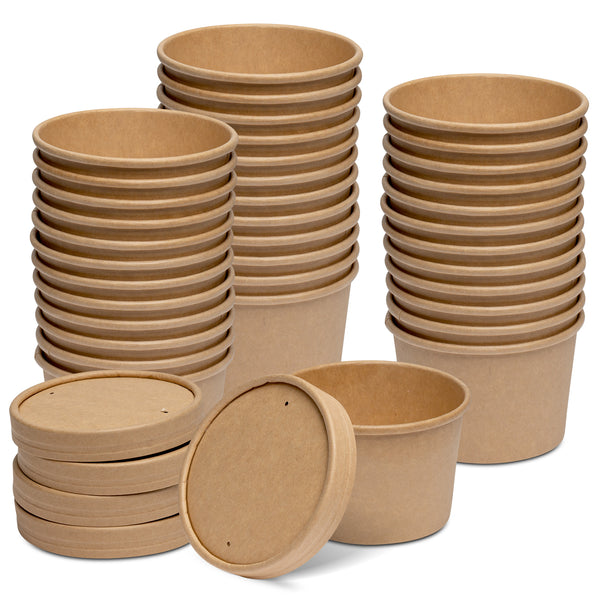 Disposable Kraft Paper Soup Containers with Plastic Lids - Kraft