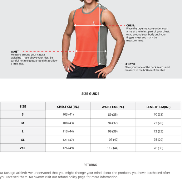 Mens ECODRY® run singlet size chart - Kusaga Athletic