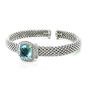 Women's Cuff Bracelet Silver Open Blue Topaz Diamonds Popcorn Texture - mommyfanatic