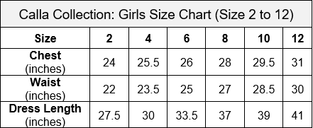 Calla Collection Size Chart 2 to 12