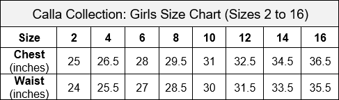 Calla Collection Size Chart 2 to 16