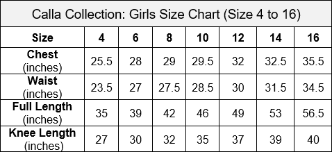 Calla Collection Junior Bridesmaid Size Chart