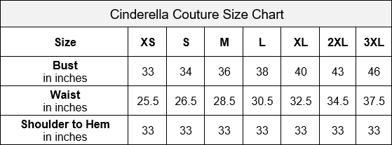 Tabla de tallas de vestidos cortos de Cinderella Couture Junior