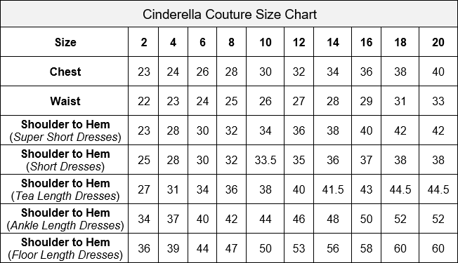 Cinderella Couture Size Chart