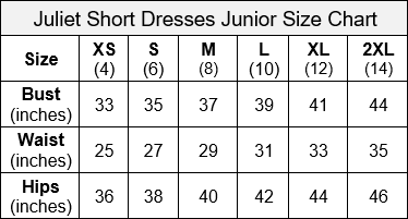 Juliet Junior Short Dress Size Chart