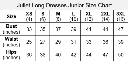 Juliet Long Dresses Junior Size Chart