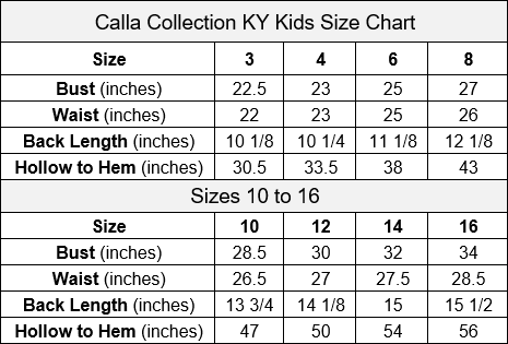 KY Calla Collection Size Chart