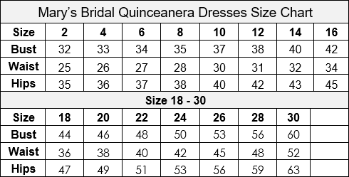 Mary's Bridal Quinceanera Carryover Size Chart