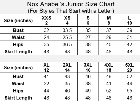 Nox Anabel Junior Size Chart Spring 2020