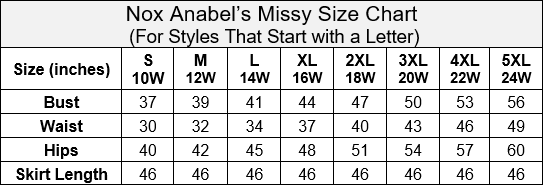 Nox Anabel Missy Size Chart Spring 2020