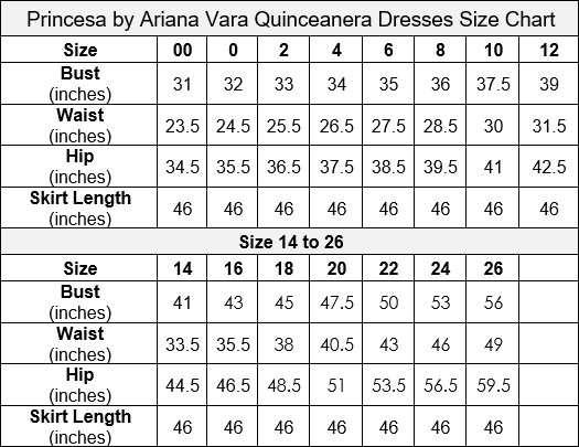 Princesa by Ariana Vara Quinceanera Dresses Size Chart