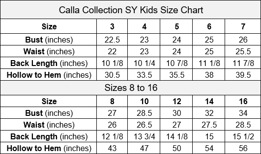 SY Calla Collection Size Chart