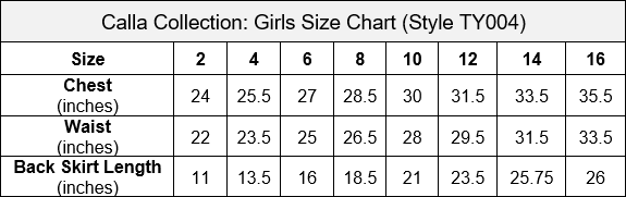 Calla Collection TY004 Size Chart