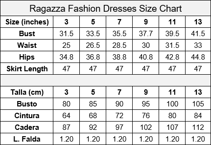 Ragazza Fashion Quinceanera Size Chart