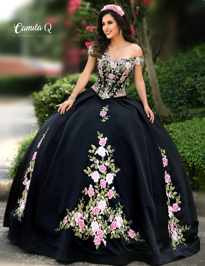 black quinceanera dresses with flowers